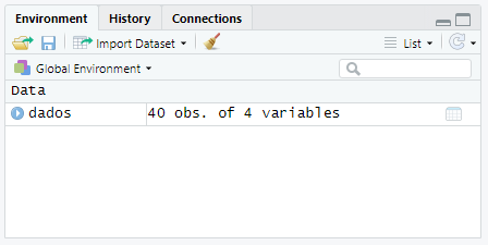 Guia do RStudio referente ao ambiente environment, local onde estarão indicados os objetos criados.