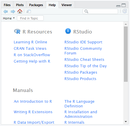 Guia do RStudio referente ao ambiente help onde terá informações sobre as funções e pacotes do R.