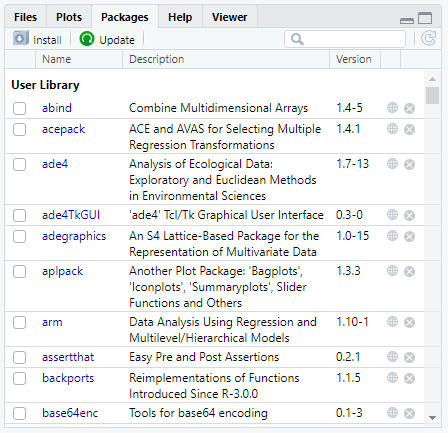 Guia do RStudio referente ao ambiente packages onde estarão listados todos os pacotes disponíveis no nosso computador e por onde poderemos instalar outros.