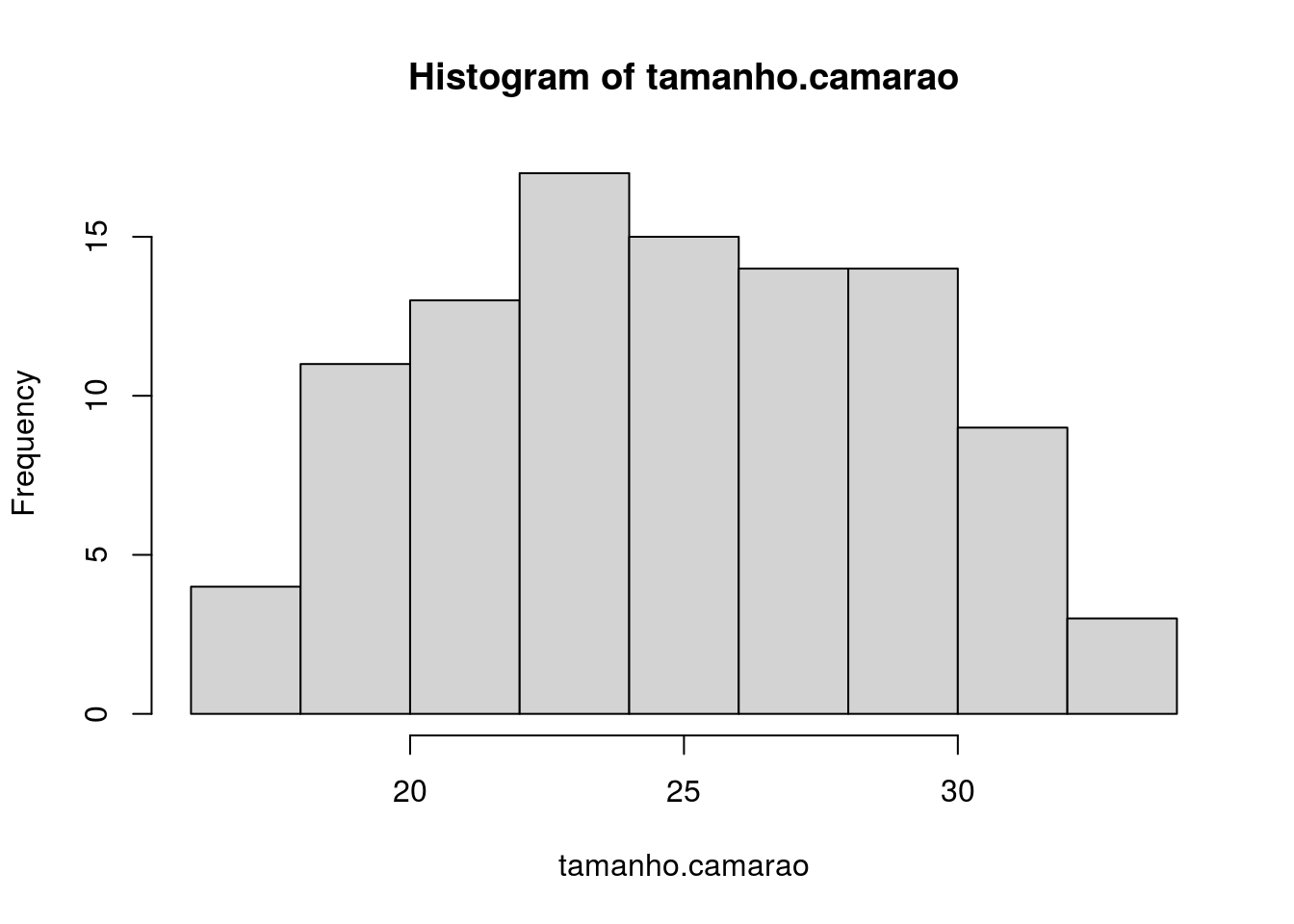 Histograma dos valores do objeto relativo ao tamanho dos camarões